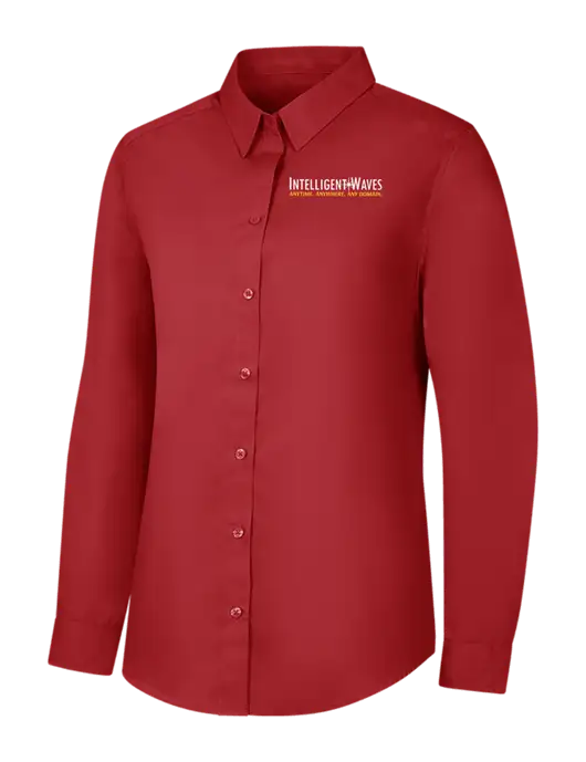 Womens Rich Red  Long Sleeve Carefree Poplin Shirt w/Intelligent Waves Logo