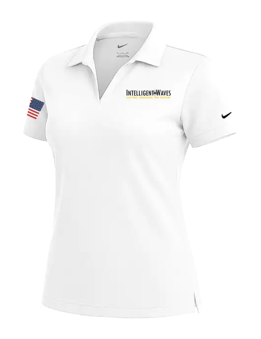 NIKE White Womens Dri-Fit Micro Pique Polo w/Intelligent Waves Logo, US Flag Logo