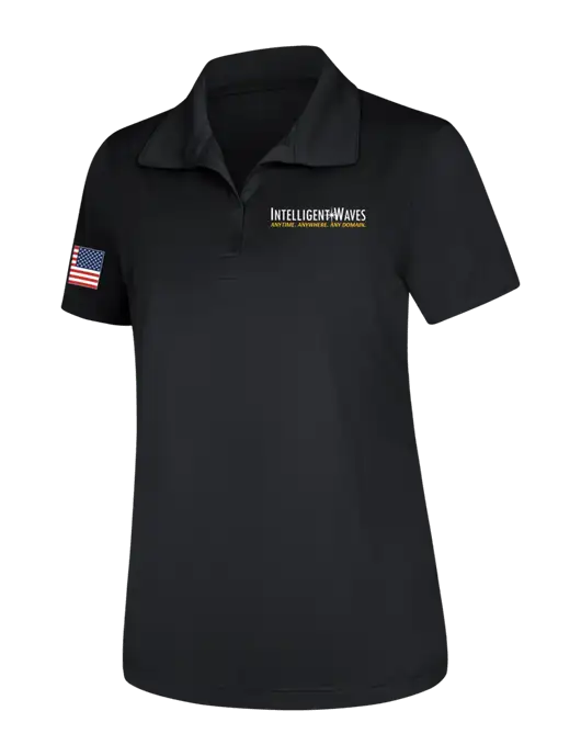 Womens Black Micropique Sport-Wick Polo w/Intelligent Waves Logo, US Flag Logo
