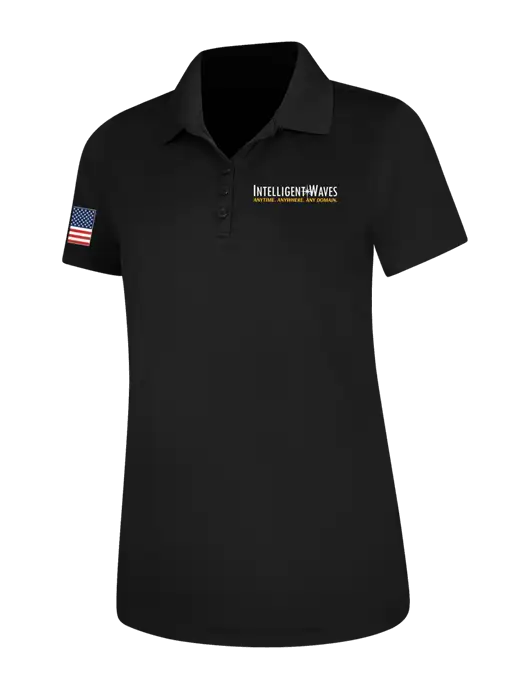 Black Womens Dry Zone UV Mesh Polo w/Intelligent Waves Logo, US Flag Logo