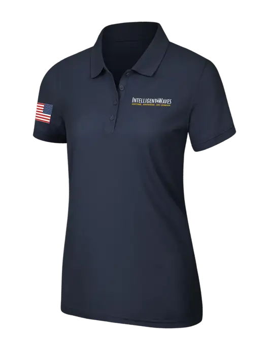 Navy Blue Womens Core Classic Pique Polo w/Intelligent Waves Logo, US Flag Logo