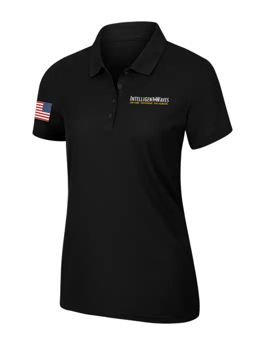 Womens Black Core Classic Pique Polo w/Intelligent Waves Logo, US Flag Logo