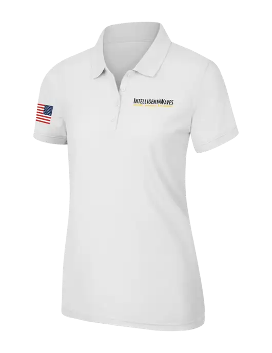 White Womens Core Classic Pique Polo w/Intelligent Waves Logo, US Flag Logo