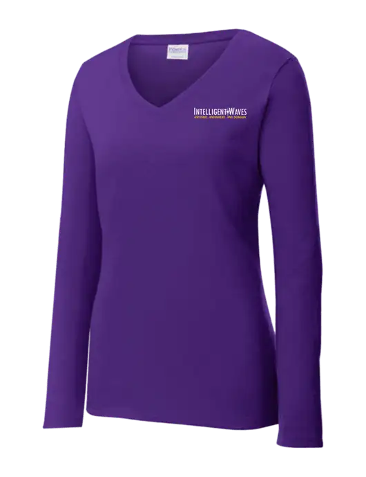 Womens  V-Neck Ring Spun Purple 4.5 oz Long Sleeve T-Shirt w/Intelligent Waves Logo