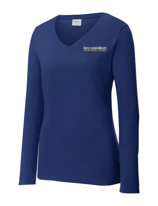 Womens  V-Neck Ring Spun Navy 4.5 oz Long Sleeve T-Shirt w/Intelligent Waves Logo
