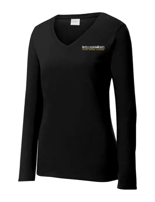 Womens V-Neck Ring Spun Jet Black 4.5 oz Long Sleeve T-Shirt w/Intelligent Waves Logo