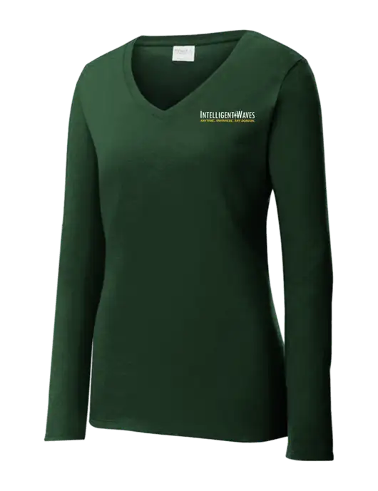 Womens  V-Neck Ring Spun Forest Green 4.5 oz Long Sleeve T-Shirt w/Intelligent Waves Logo