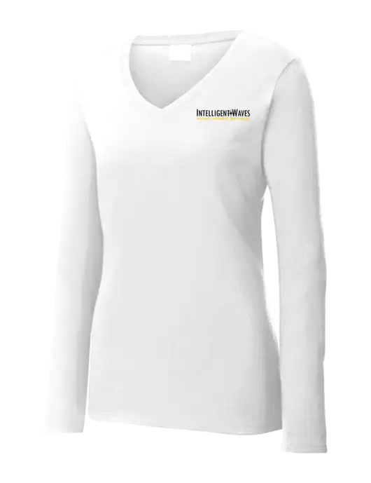 Womens  V-Neck Ring Spun White 4.5 oz Long Sleeve T-Shirt w/Intelligent Waves Logo