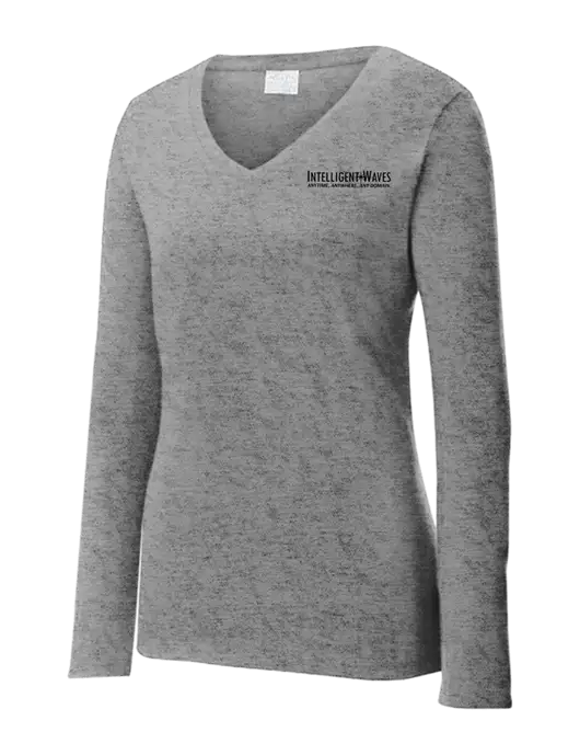 Womens  V-Neck Ring Spun Grey Heather 4.5 oz Long Sleeve T-Shirt w/Intelligent Waves Logo