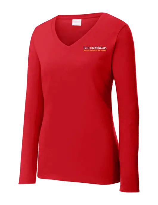 Womens  V-Neck Ring Spun Bright Red 4.5 oz Long Sleeve T-Shirt w/Intelligent Waves Logo
