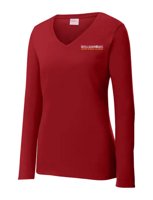 Womens V-Neck Ring Spun Cardinal 4.5 oz Long Sleeve T-Shirt w/Intelligent Waves Logo