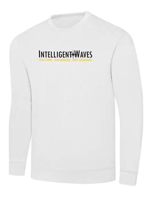 White 7.8 oz Ring Spun Crew Sweatshirt w/Intelligent Waves Logo