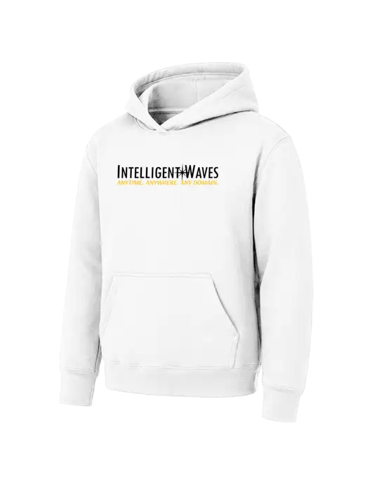 Youth White 7.8 oz Pullover Hooded Sweatshirt w/Intelligent Waves Logo