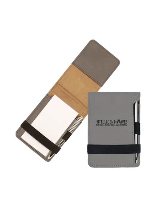 Grey Leatherette Mini Notepad with Pen,  3.25 x 4.75 w/Intelligent Waves Logo