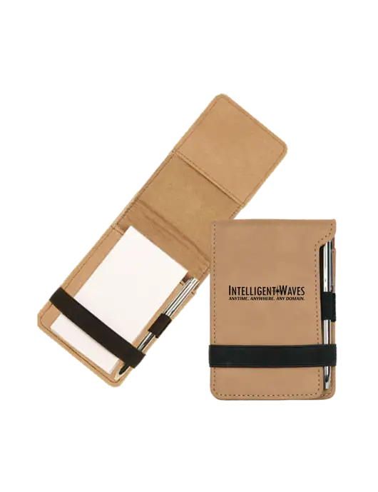 Tan Leatherette Mini Notepad with Pen,  3.25 x 4.75 w/Intelligent Waves Logo
