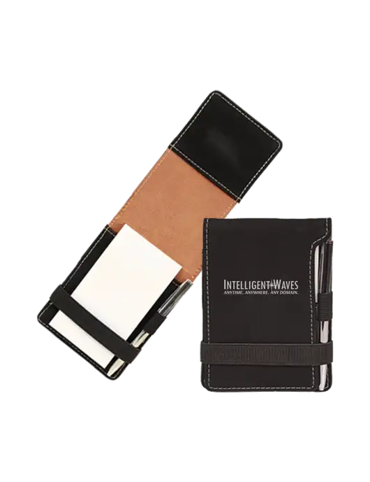 Black Leatherette Mini Notepad with Pen,  3.25 x 4.75 w/Intelligent Waves Logo