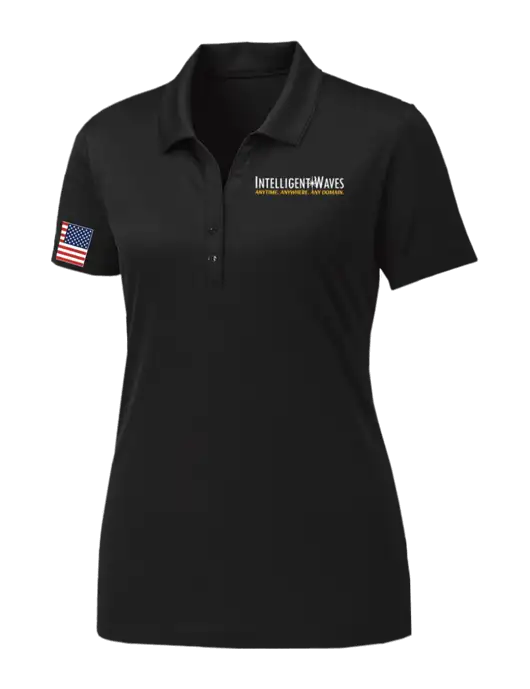Womens Black PosiCharge Competitor Polo w/Intelligent Waves Logo, US Flag Logo
