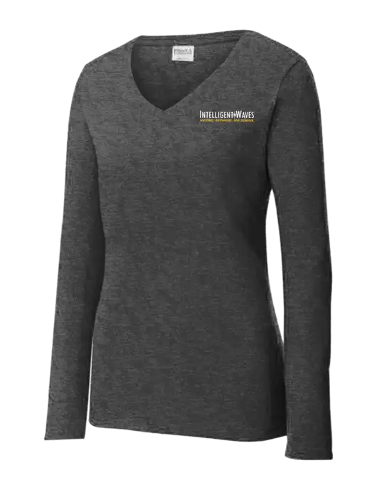 Womens  V-Neck Ring Spun Dark Heather Grey 4.5 oz Long Sleeve T-Shirt w/Intelligent Waves Logo