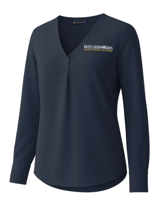Brooks Brothers Womens Dark Navy Open-Neck Satin Blouse  w/Intelligent Waves Logo