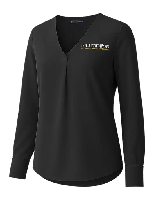 Brooks Brothers Womens Black Open-Neck Satin Blouse  w/Intelligent Waves Logo