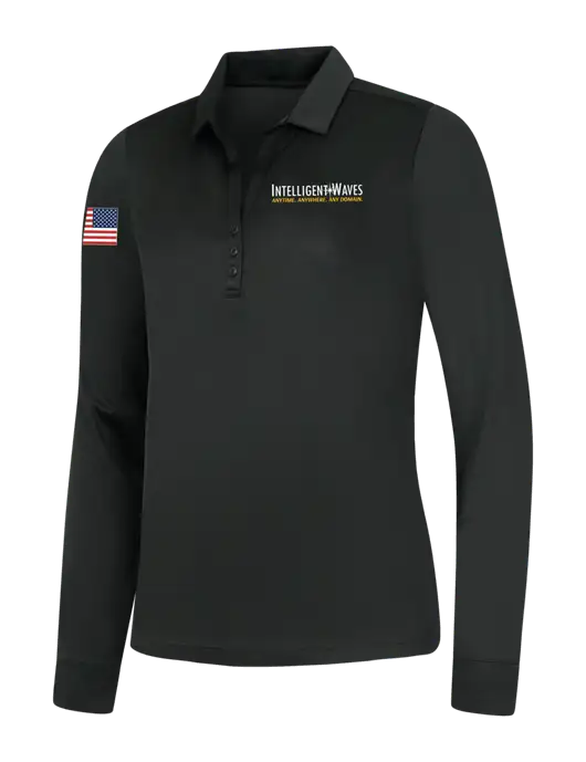 Womens Black Silk Touch Performance Long Sleeve Polo w/Intelligent Waves Logo, US Flag Logo