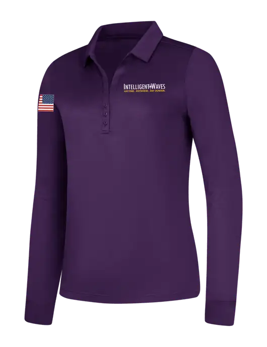 Womens Purple Silk Touch Performance Long Sleeve Polo w/Intelligent Waves Logo, US Flag Logo