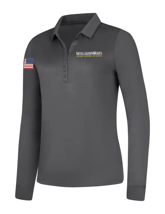 Womens Dark Grey Silk Touch Performance Long Sleeve Polo w/Intelligent Waves Logo, US Flag Logo