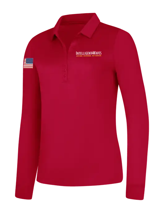 Womens Red Silk Touch Performance Long Sleeve Polo w/Intelligent Waves Logo, US Flag Logo