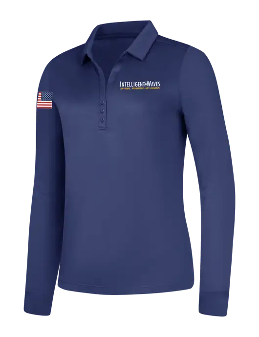 Womens Dark Royal Silk Touch Performance Long Sleeve Polo w/Intelligent Waves Logo, US Flag Logo