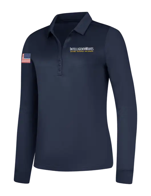 Womens Navy Silk Touch Performance Long Sleeve Polo w/Intelligent Waves Logo, US Flag Logo